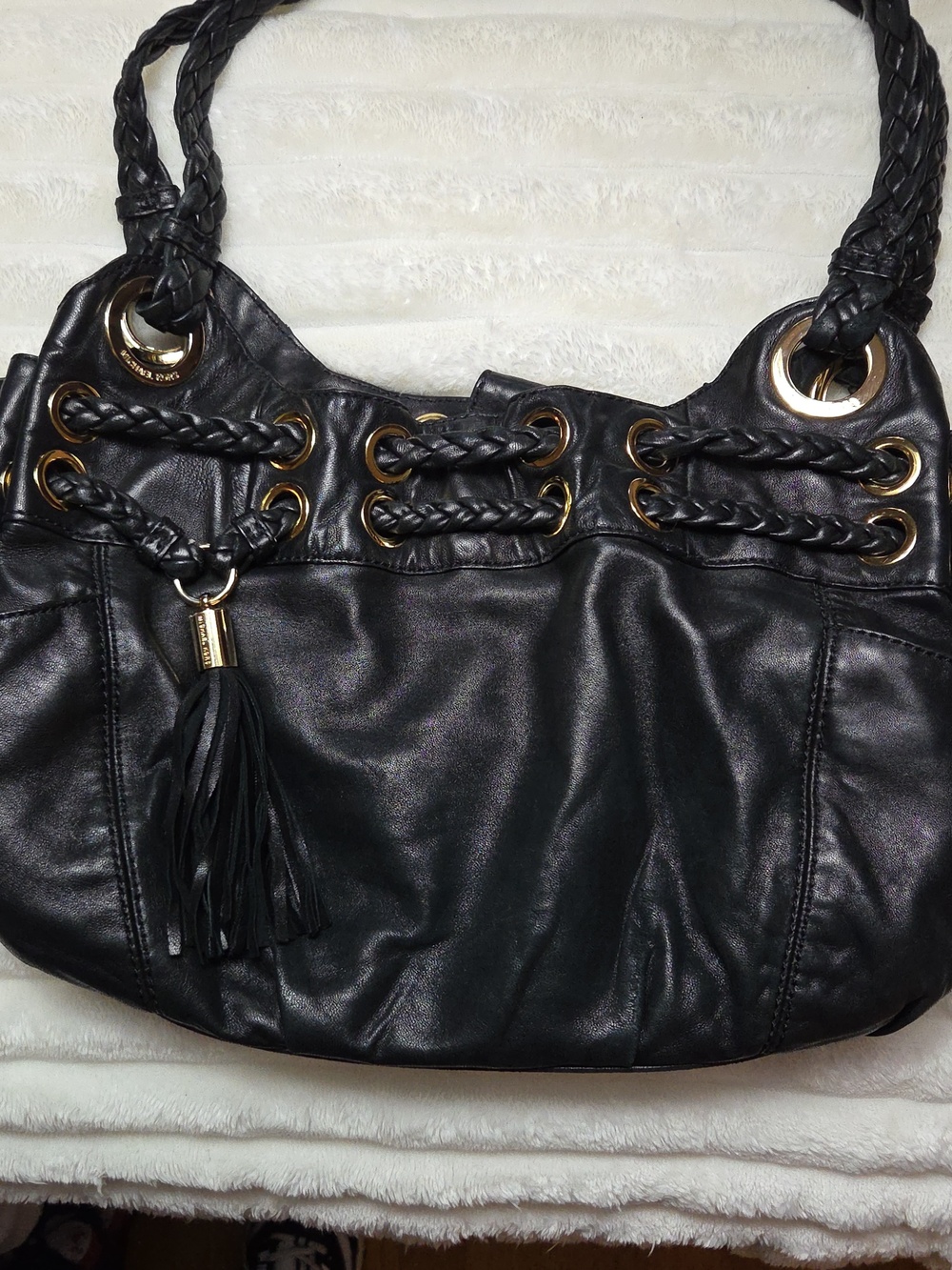 Michael Kors Black and Gold Soft Leather Braided Grommet Satchel Purse Handbag